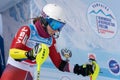 Portrait of female mountain skier at start. Russian Alpine Skiing Cup, slalom