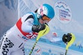 Portrait of female mountain skier at start. Russian Alpine Skiing Cup, slalom