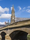 Morpeth Telford Bridge and spire of St Georges United Reformed Church