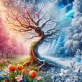 Morph of a dead tree. Icy winter scene into a vibrant spring scene. Seasons passage concept