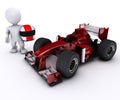 Morph man with open wheeled racing car