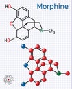 Morphine molecule. It is a pain medication of the opiate. Structural chemical formula and molecule model. Sheet of paper in a cage