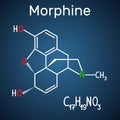 Morphine molecule. It is a pain medication of the opiate. Structural chemical formula and molecule model on the dark blue