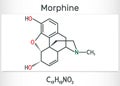 Morphine molecule. It is a pain medication of the opiate. Structural chemical formula and molecule model