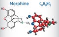 Morphine molecule. It is a pain medication of the opiate. Structural chemical formula and molecule model