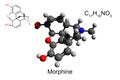 Chemical formula, skeletal formula and 3D ball-and-stick model of opioid morphine