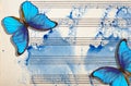 Morpho blue butterfly and notes. Butterfly melody. Old music sheet in blue watercolor paint. Blues music concept. Abstract blue wa Royalty Free Stock Photo