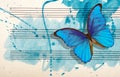 Morpho blue butterfly and notes. Butterfly melody. Photo of old music sheet in blue watercolor paint. Blues music concept. Abstrac