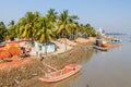 MORRELGANJ, BANGLADESH - NOVEMBER 19, 2016: Several boats on Pangunchi river in Morrelganj village, Banglade