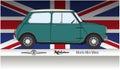 Morris Mini Minor vintage car, silhouette coloured on the british flag Royalty Free Stock Photo