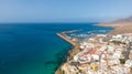 Morro Jable Canary Island, Fuerteventura Spain, Aerial view on coast of atlantic ocean and beach, Drone shot of sea Royalty Free Stock Photo