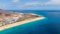 Morro Jable Canary Island, Fuerteventura Spain, Aerial view on coast of atlantic ocean and beach, Drone shot of sea Royalty Free Stock Photo