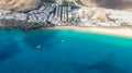 Morro Jable Canary Island, Fuerteventura Spain, Aerial view on coast of atlantic ocean and beach, Drone shot of sea Royalty Free Stock Photo