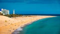 Morro Jable, Fuerteventura, Spain. Breathtaking beach Playa del Matorral in the rays of the sunset. Morro Jable and Playa del Royalty Free Stock Photo