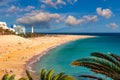 Morro Jable, Fuerteventura, Spain. Breathtaking beach Playa del Matorral in the rays of the sunset. Morro Jable and Playa del Royalty Free Stock Photo