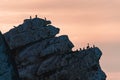 Morro Rock and silhouette of birds wirh pink sky on background. Morro Bay sunset  CA Royalty Free Stock Photo