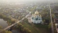 Morshansk city aerial view. Trinity Cathedral. Cna river