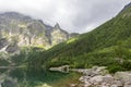 Morskie Oko lake in Polish Tatra mountains on cloudy day Royalty Free Stock Photo