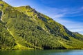 Morskie Oko mountain lake, surrounding forest, Miedziane and Opalony Wierch peaks in Tatra Mountains in Poland