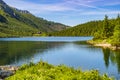 Morskie Oko mountain lake, surrounding forest, Miedziane and Opalony Wierch peaks with Schronisko przy Morskim Oku shelter house