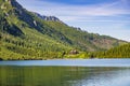 Morskie Oko mountain lake, surrounding forest, Miedziane and Opalony Wierch peaks with Schronisko przy Morskim Oku shelter house