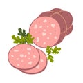 Mortadella Bologna Sausage. Meat delicatessen on white background. Slices of Italian boiled pork sausage bologna. Simple Royalty Free Stock Photo