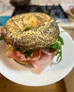 mortadella, fresh bagel with poppy seeds, appetizer with arugula and mortadella, crispy bread, black poppy seeds, sliced bun Royalty Free Stock Photo