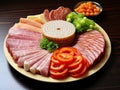 Mortadella Slices on Plate, Luncheon Meat Cut, Chicken Ham, Boiled Sausage for Breakfast, Mortadella Slices