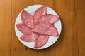 Mortadella slices served on a white plate, on a wooden background. top view Royalty Free Stock Photo