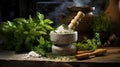 Mortar with aromatic kitchen herbs on wooden table. Generative AI