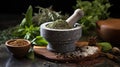 Mortar with aromatic kitchen herbs on wooden table. Generative AI