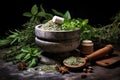 Mortar with aromatic kitchen herbs on wooden table. Generative AI