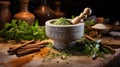 Mortar with aromatic kitchen herbs on wooden table. Generative AI