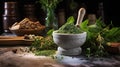 Mortar with aromatic kitchen herbs on wooden table. Generative AI
