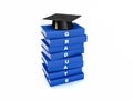 Mortar board on stack of blue graduate book isolated on white w