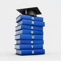 Mortar board on stack of blue graduate book isolated on white w