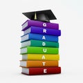 Mortar board on stack of rainbow graduate book isolated on white