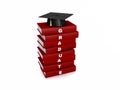 Mortar board on stack of red graduate book isolated on white wit