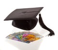 Mortar board and the swiss franc. education costs Royalty Free Stock Photo
