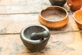 Mortar bowl and pestle made of stone black traditional close-up for cooking potions Royalty Free Stock Photo