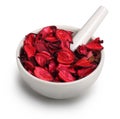 Mortar with dry rose petals Royalty Free Stock Photo
