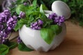 Mortar with fresh lavender flowers, herbs and pestle on wooden table, closeup Royalty Free Stock Photo