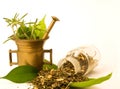 Mortar and glass, with herbal. Royalty Free Stock Photo