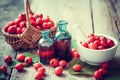 Mortar of hawthorn berries, tincture bottles and thorn apple in basket Royalty Free Stock Photo