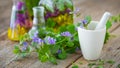 Mortar of healing herbs and bottles of healthy tincture.