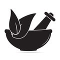 Mortar with herbs icon. Alternative medicine concept