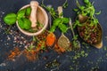 Mortar with herbs and spices Royalty Free Stock Photo