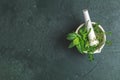 Mortar with  herbs and spices. Fresh herbs selection included rosemary, thyme, mint, lemon balm, parsley and arugula. Overhead Royalty Free Stock Photo