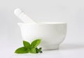 Mortar and Pestle with Basil and Thyme