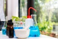 Mortar with pestle and blue experiment water in beaker and flask in chemistry science laboratory. Group of laboratory flasks with Royalty Free Stock Photo